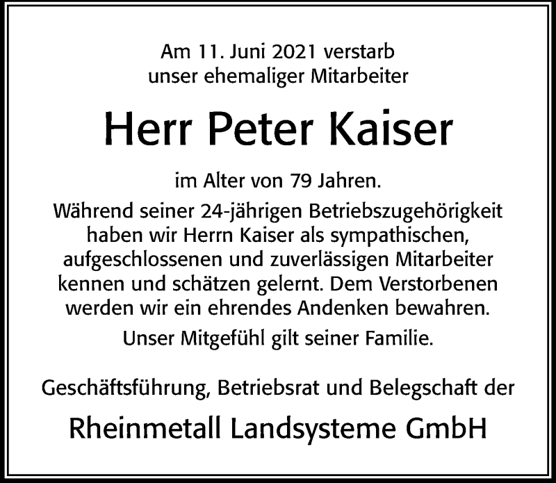  Traueranzeige für Peter Kaiser vom 25.06.2021 aus Cellesche Zeitung