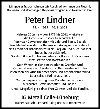 Traueranzeige von Peter Lindner von Cellesche Zeitung