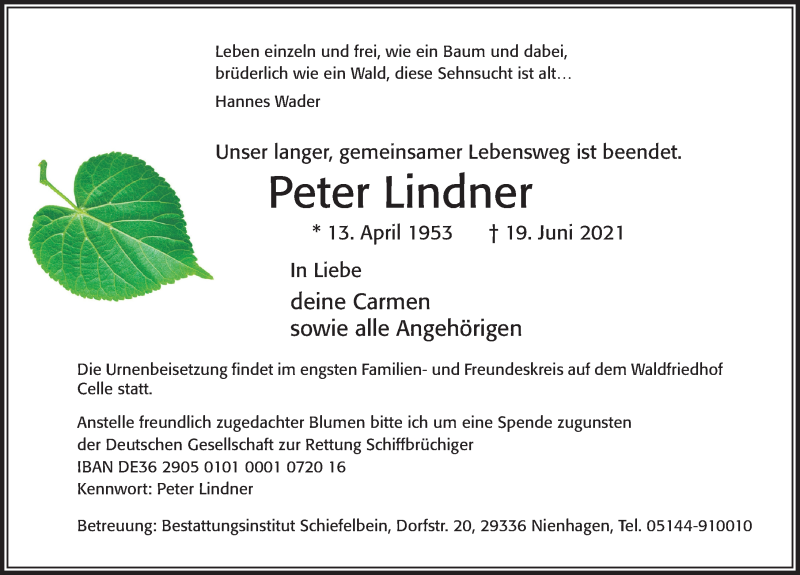  Traueranzeige für Peter Lindner vom 26.06.2021 aus Cellesche Zeitung