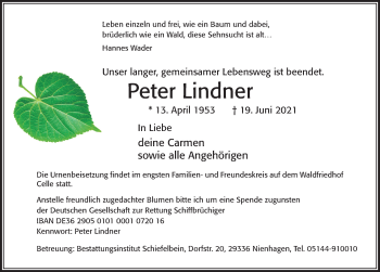 Traueranzeige von Peter Lindner von Cellesche Zeitung