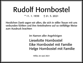 Traueranzeige von Rudolf Hornbostel von Cellesche Zeitung