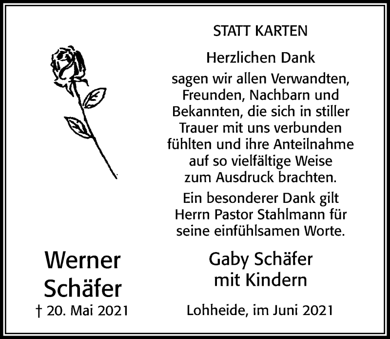 Traueranzeige für Werner Schäfer vom 18.06.2021 aus Cellesche Zeitung