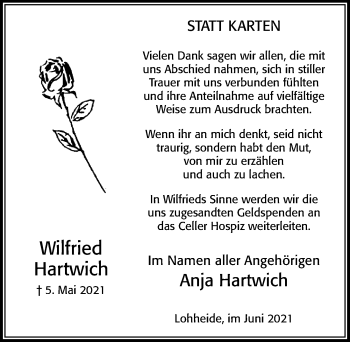 Traueranzeige von Wilfried Hartwich von Cellesche Zeitung