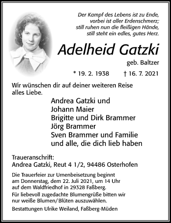 Traueranzeige von Adelheid Gatzki von Cellesche Zeitung