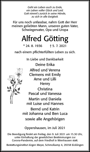 Traueranzeige von Alfred Götting von Cellesche Zeitung