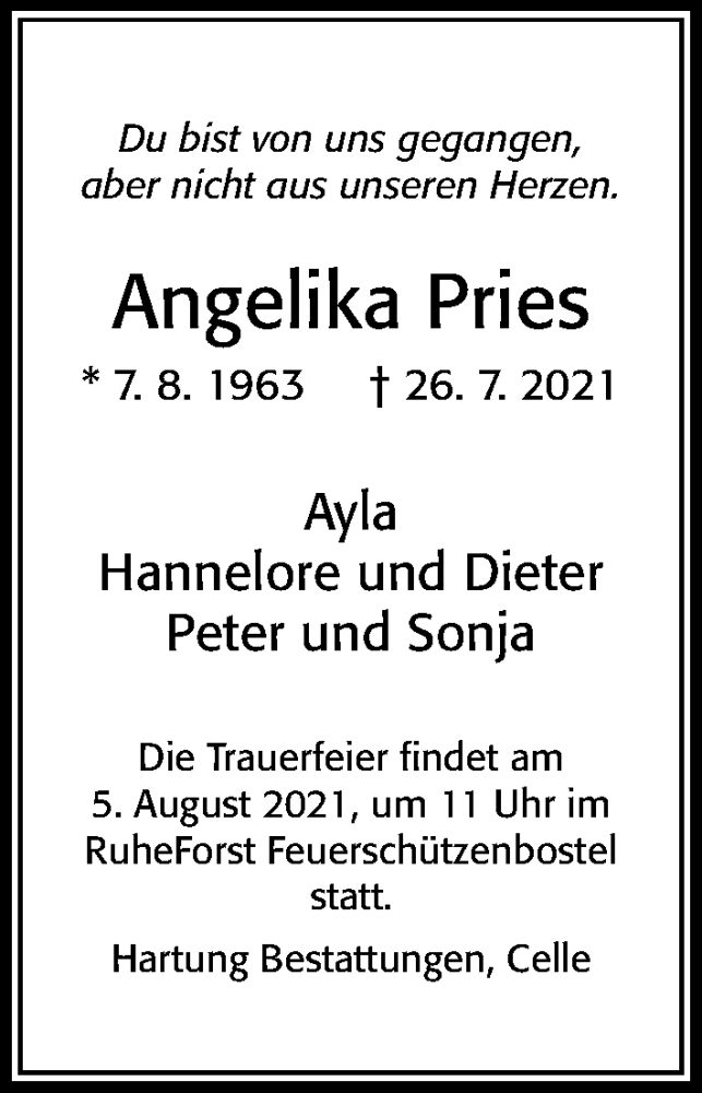  Traueranzeige für Angelika Pries vom 31.07.2021 aus Cellesche Zeitung