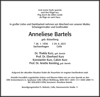 Traueranzeige von Anneliese Bartels von Cellesche Zeitung