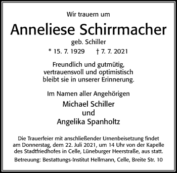 Traueranzeige von Anneliese Schirrmacher von Cellesche Zeitung