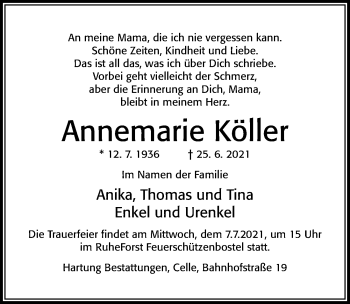 Traueranzeige von Annemarie Köller von Cellesche Zeitung