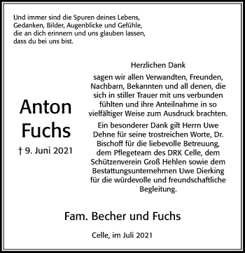 Traueranzeige von Anton Fuchs von Cellesche Zeitung