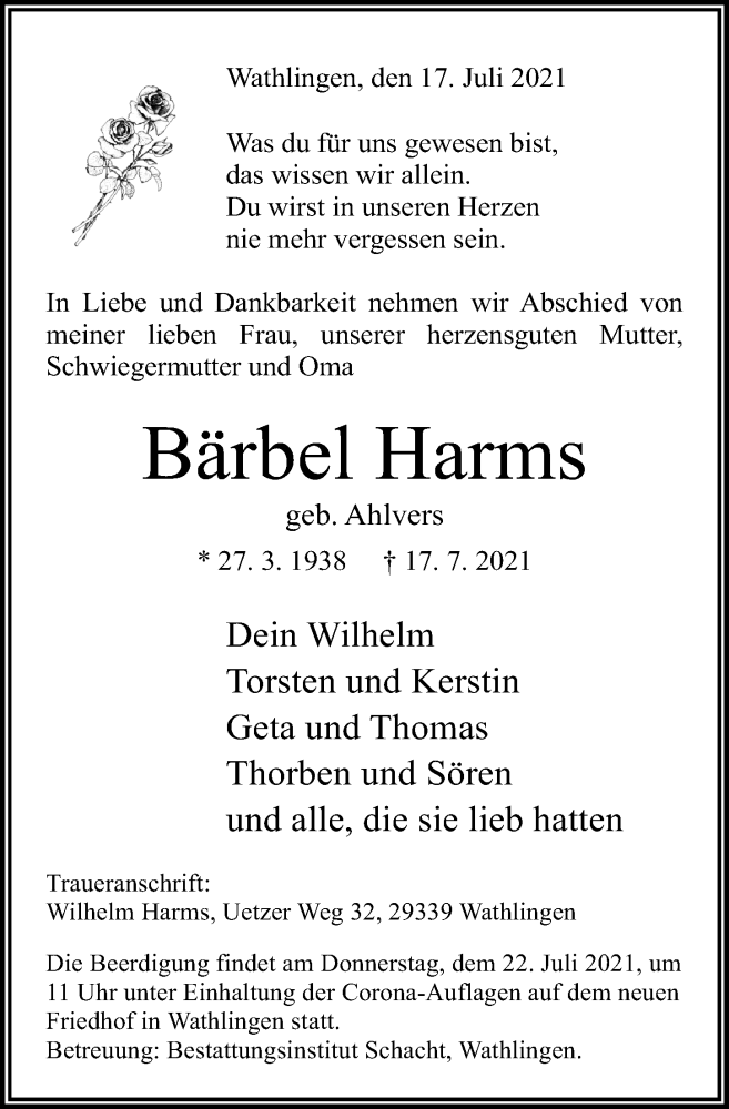  Traueranzeige für Bärbel Harms vom 20.07.2021 aus Cellesche Zeitung