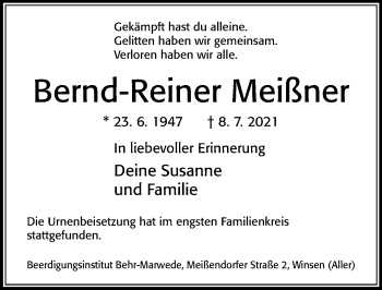 Traueranzeige von Bernd-Reiner Meißner von Cellesche Zeitung