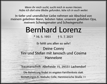 Traueranzeige von Bernhard Lorenz von Cellesche Zeitung