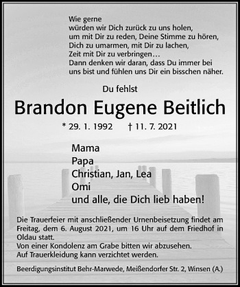 Traueranzeige von Brandon Eugene Beitlich von Cellesche Zeitung