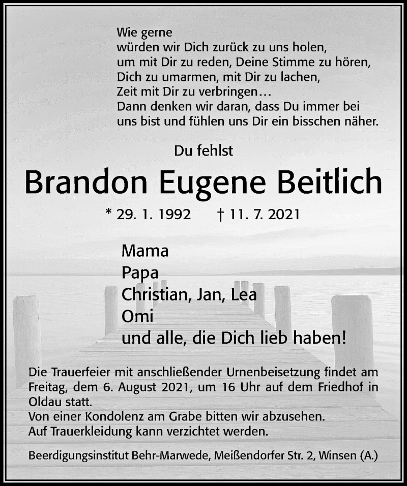  Traueranzeige für Brandon Eugene Beitlich vom 24.07.2021 aus Cellesche Zeitung