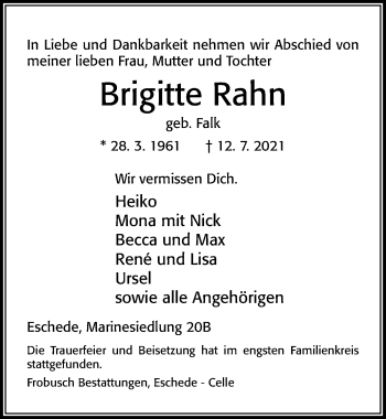 Traueranzeige von Brigitte Rahn von Cellesche Zeitung