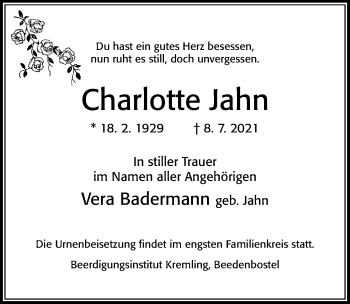 Traueranzeige von Charlotte Jahn von Cellesche Zeitung