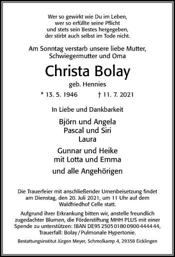 Traueranzeige von Christa Bolay von Cellesche Zeitung