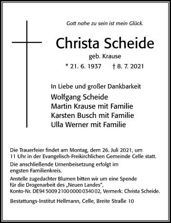 Traueranzeige von Christa Scheide von Cellesche Zeitung