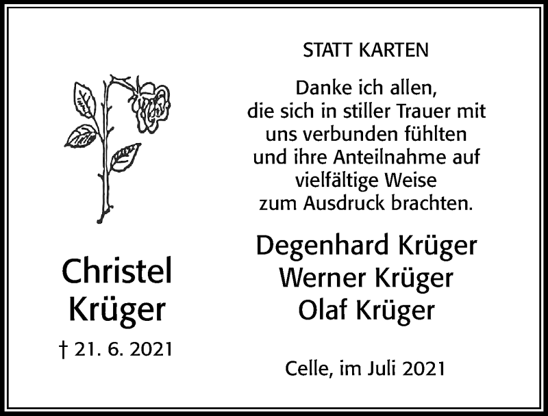  Traueranzeige für Christel Krüger vom 24.07.2021 aus Cellesche Zeitung
