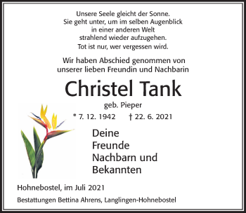 Traueranzeige von Christel Tank von Cellesche Zeitung