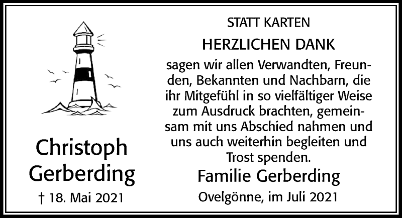  Traueranzeige für Christoph Gerberding vom 24.07.2021 aus Cellesche Zeitung