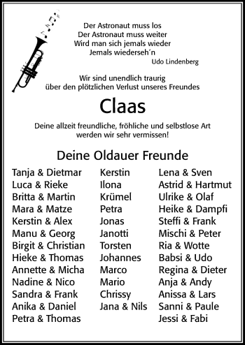 Traueranzeige von Claas  von Cellesche Zeitung