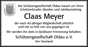 Traueranzeige von Claas Meyer von Cellesche Zeitung