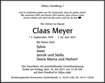 Traueranzeige von Claas Meyer von Cellesche Zeitung