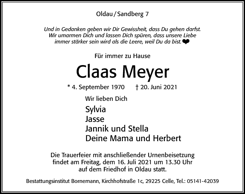  Traueranzeige für Claas Meyer vom 10.07.2021 aus Cellesche Zeitung
