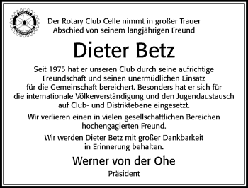 Traueranzeige von Dieter Betz von Cellesche Zeitung