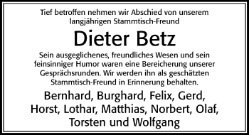 Traueranzeige von Dieter Betz von Cellesche Zeitung