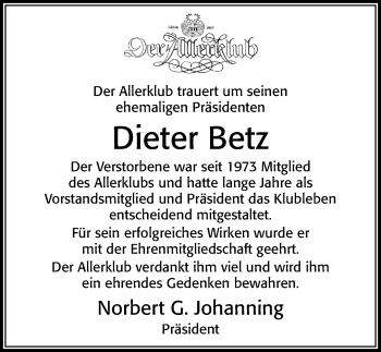 Traueranzeige von Dieter Betz von Cellesche Zeitung