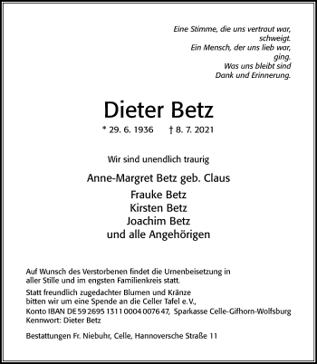 Traueranzeige von Dieter Betz von Cellesche Zeitung