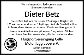 Traueranzeige von Dieter Betz von Cellesche Zeitung