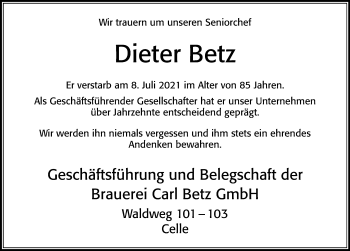 Traueranzeige von Dieter Betz von Cellesche Zeitung