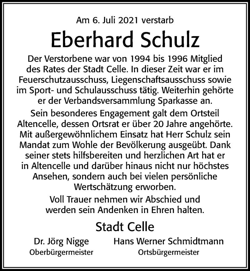  Traueranzeige für Eberhard Schulz vom 10.07.2021 aus Cellesche Zeitung