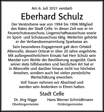 Traueranzeige von Eberhard Schulz von Cellesche Zeitung