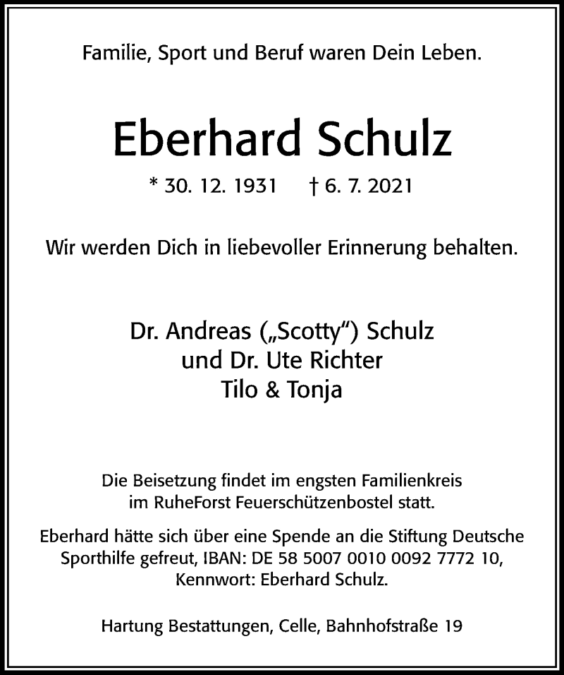  Traueranzeige für Eberhard Schulz vom 10.07.2021 aus Cellesche Zeitung