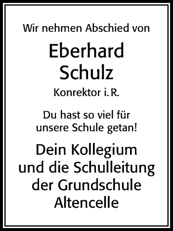 Traueranzeige von Eberhard Schulz von Cellesche Zeitung