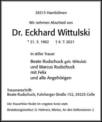 Traueranzeige von Eckhard Wittulski von Cellesche Zeitung