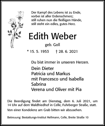 Traueranzeige von Edith Weber von Cellesche Zeitung