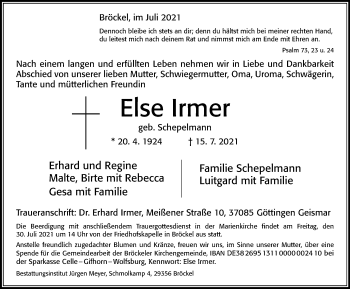 Traueranzeige von Else Irmer von Cellesche Zeitung