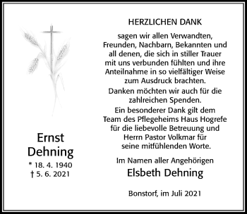 Traueranzeige von Ernst Dehning von Cellesche Zeitung