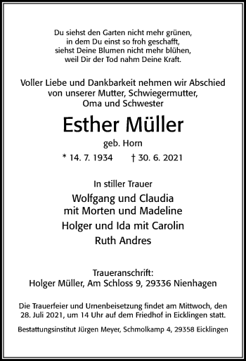 Traueranzeige von Esther Müller von Cellesche Zeitung