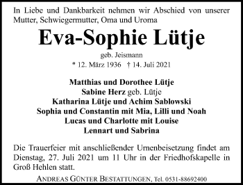 Traueranzeige von Eva-Sophie Lütje von Cellesche Zeitung