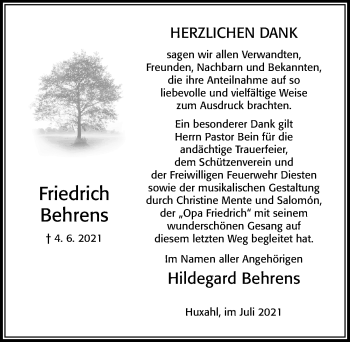 Traueranzeige von Friedrich Behrens von Cellesche Zeitung