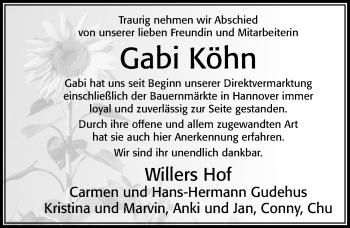 Traueranzeige von Gabi Köhn von Cellesche Zeitung