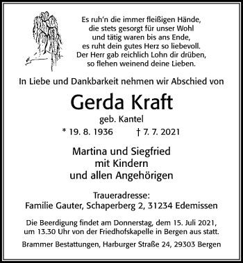 Traueranzeige von Gerda Kraft von Cellesche Zeitung