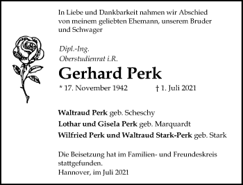 Traueranzeige von Gerhard Perk von Cellesche Zeitung